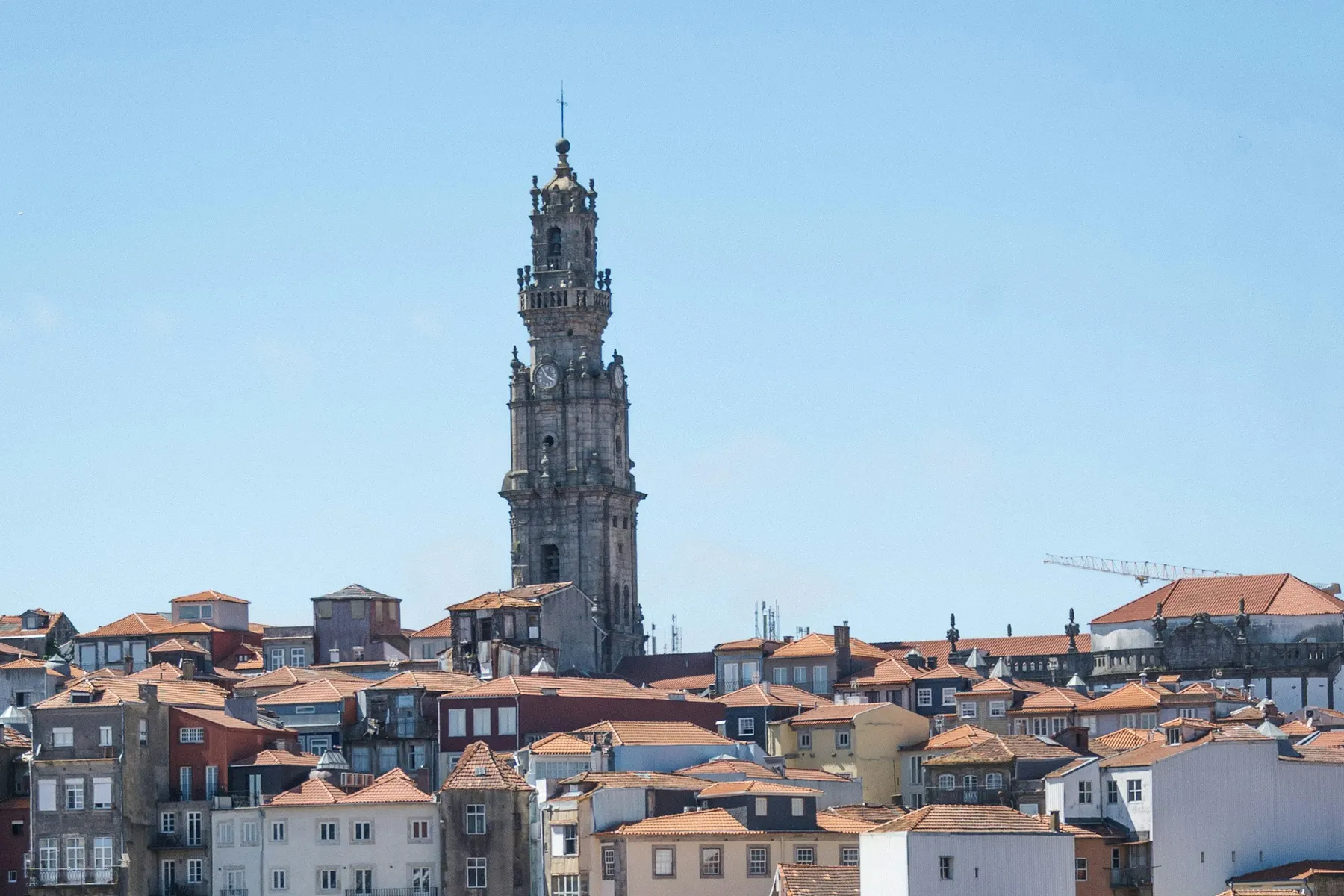 The baroque Clérigos Tower rising above the orange rooftops of Porto