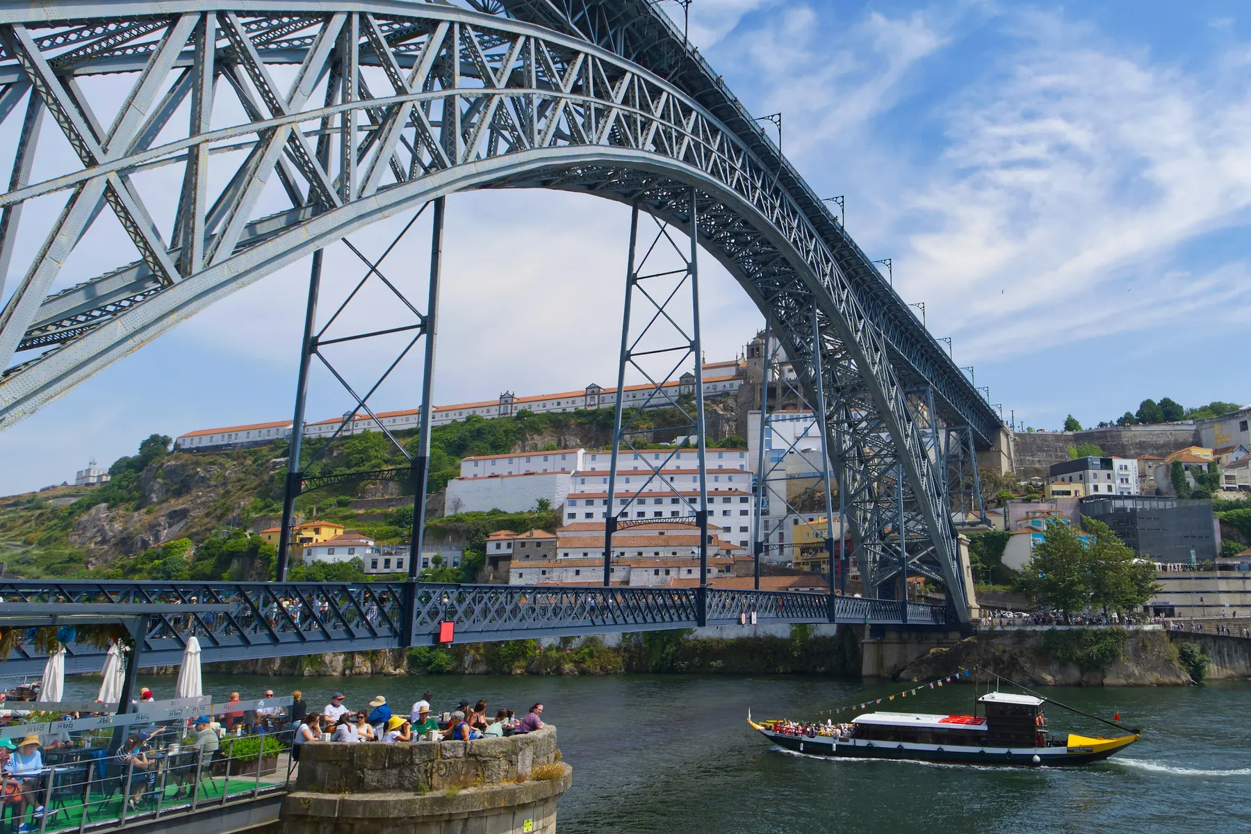 The iron arch of the Dom Luís I bridge over the Douro river, with a traditional rabelo boat and the Ribeira quay in Porto